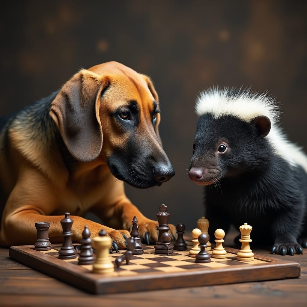 Bloodhound and Skunk Play Checkers in Whimsical Scene