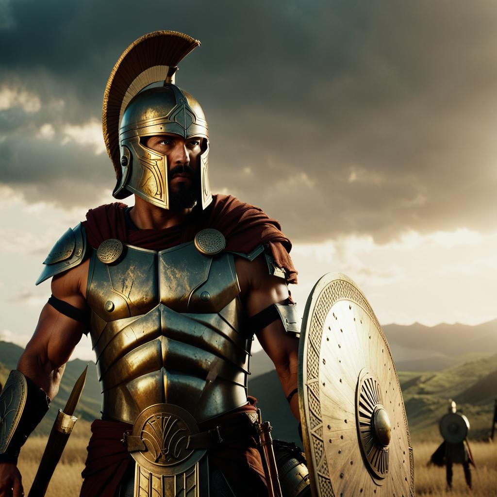 Spartan Warrior on Battlefield in Cinematic Style
