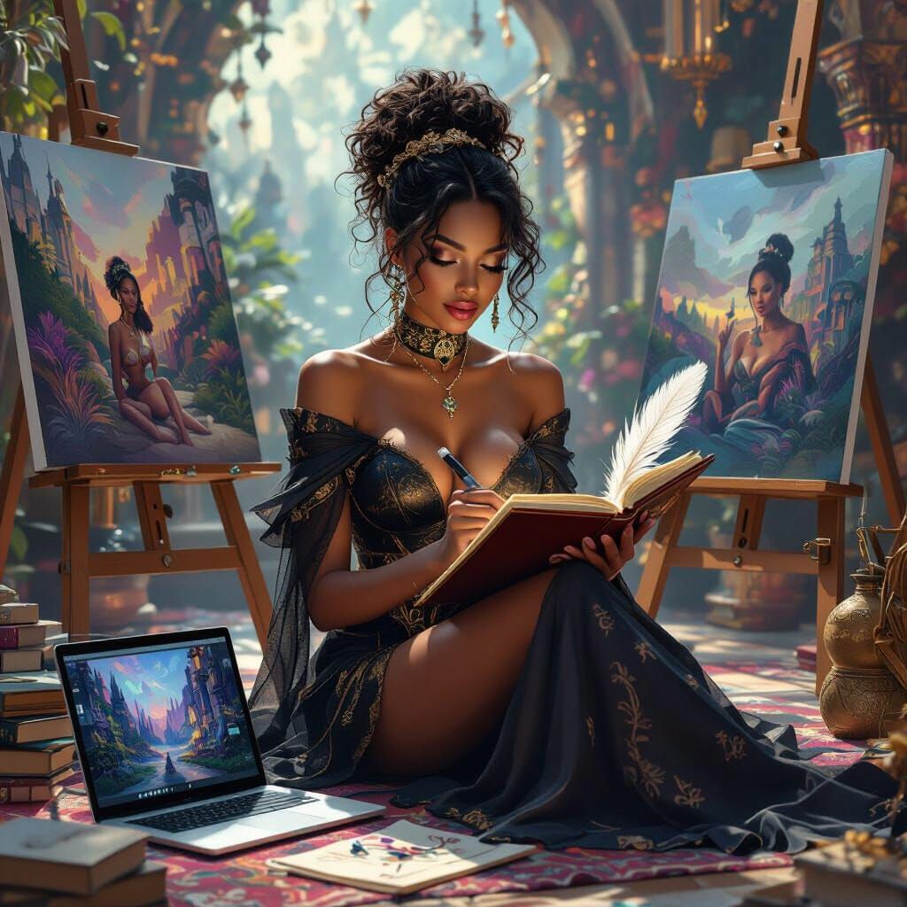Elegant Woman Writing in a Fantastical Art Studio