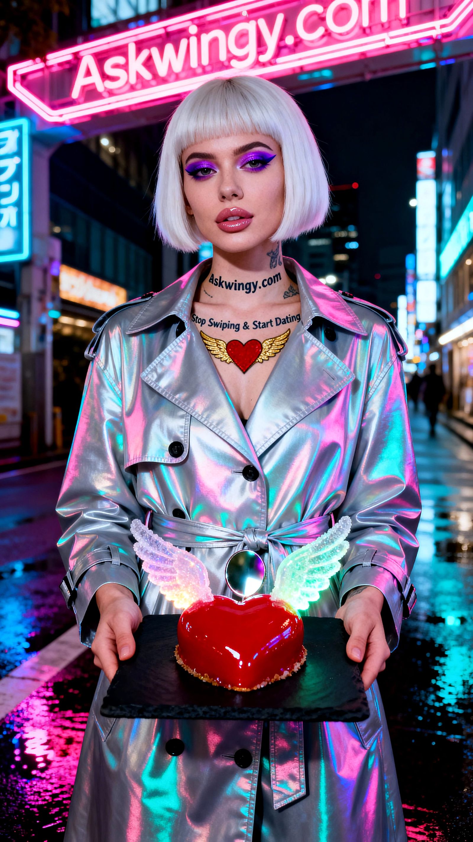 Woman in Holographic Coat Under Neon Shinjuku Lights