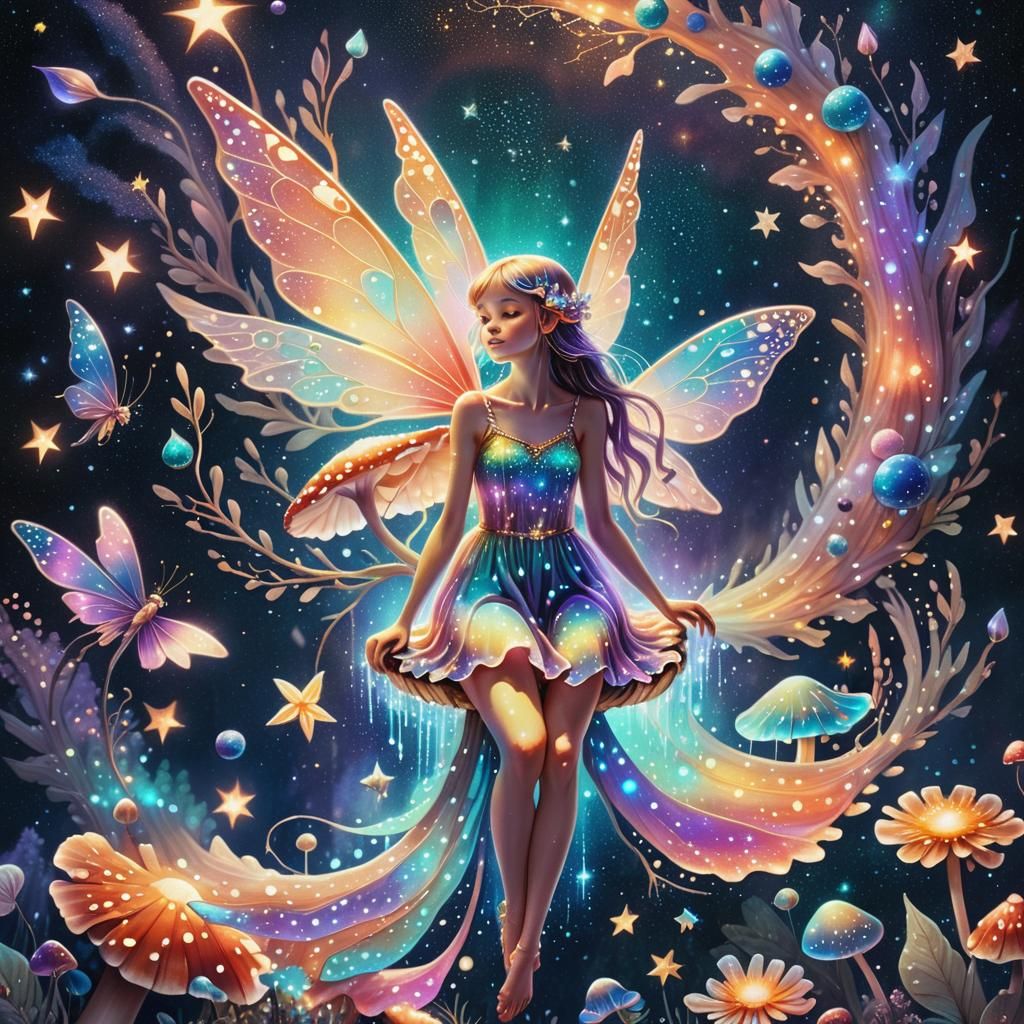 Cosmic Fairy in Pointillist Dreamscape