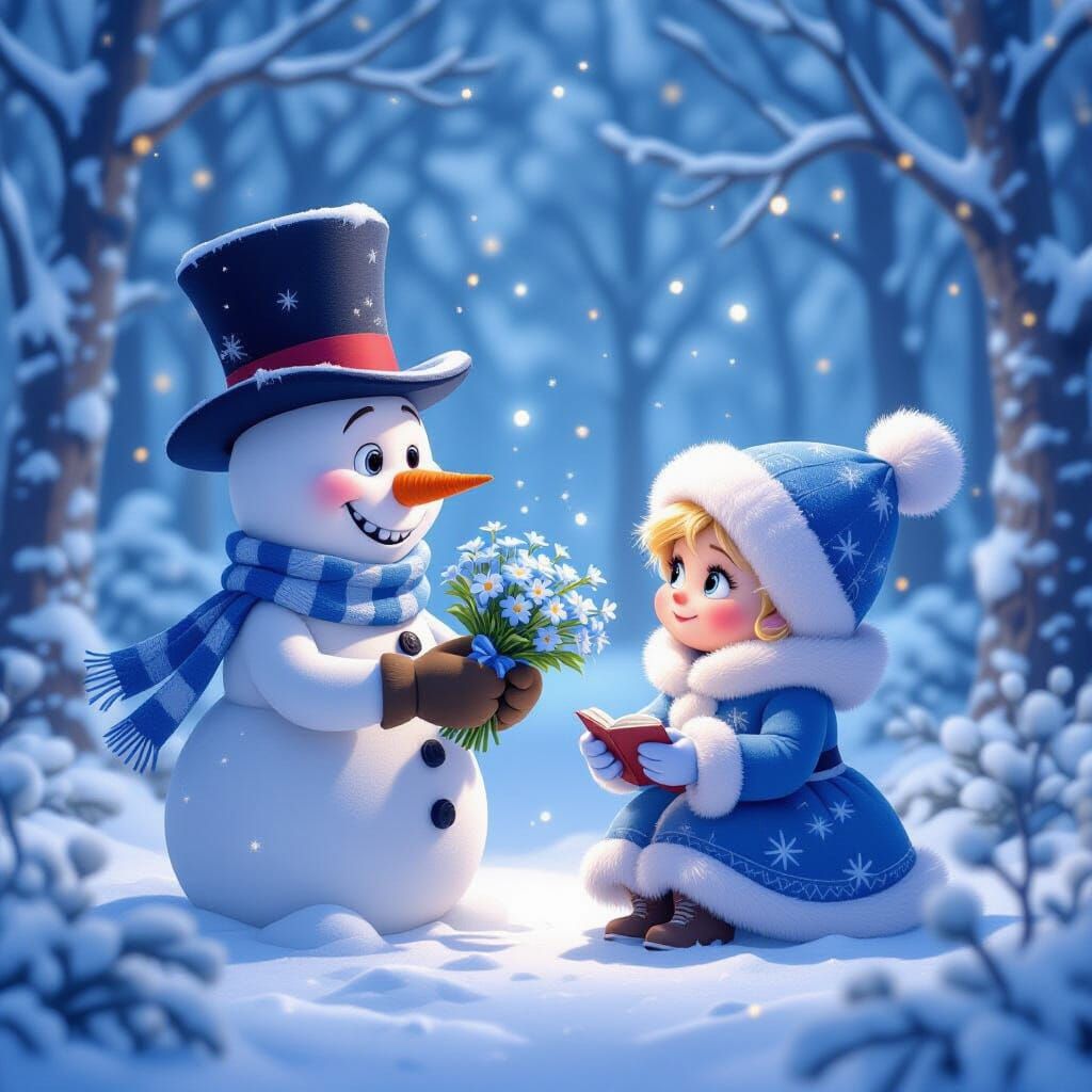 Snowman Gives Flowers to Thumbelina in Winter Forest
