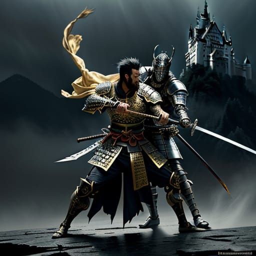 Samurai and Knight Duel Before Neuschwanstein Castle
