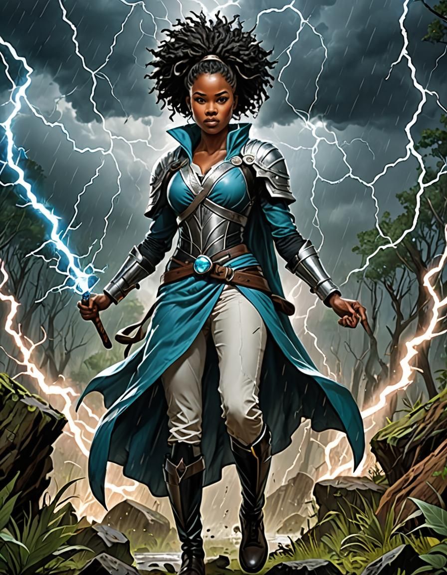 African American Druid in Raging Thunderstorm