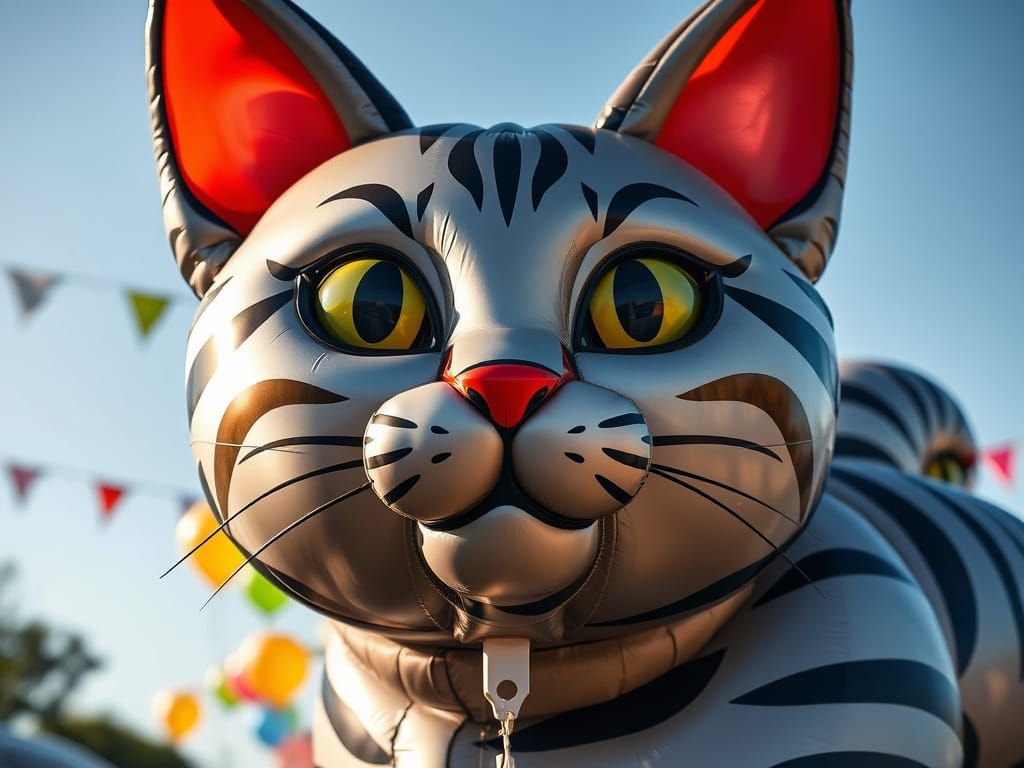 Realistic Grey Tabby Cat Balloon in a Vibrant Festival Setti...