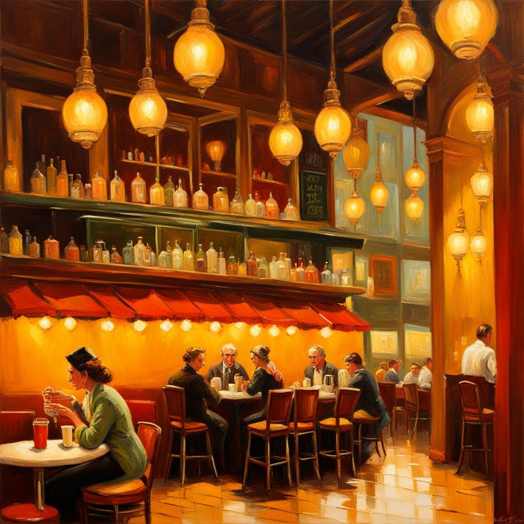 Vintage-themed café with warm lamps