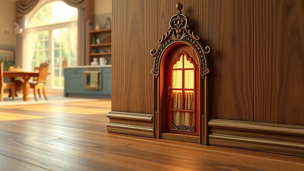 Tiny Fairy Door in Sunlit Kitchen, Hyperrealistic Style
