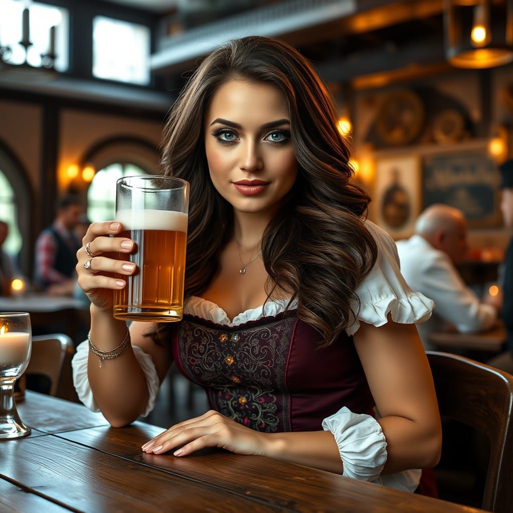 Curvy Brunette Woman in Traditional Dirndl, Seated in a Bava...