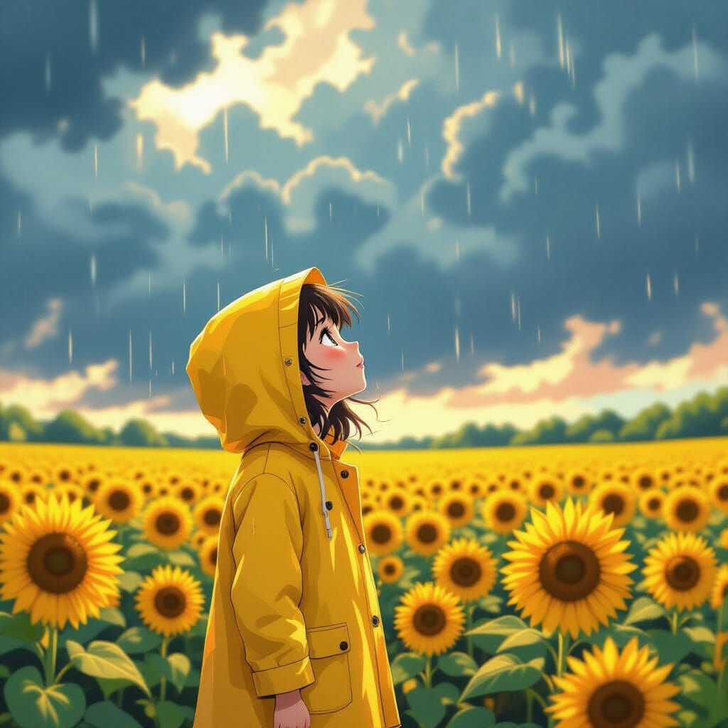 Girl in Yellow Raincoat in Anime Style Sunflower Field
