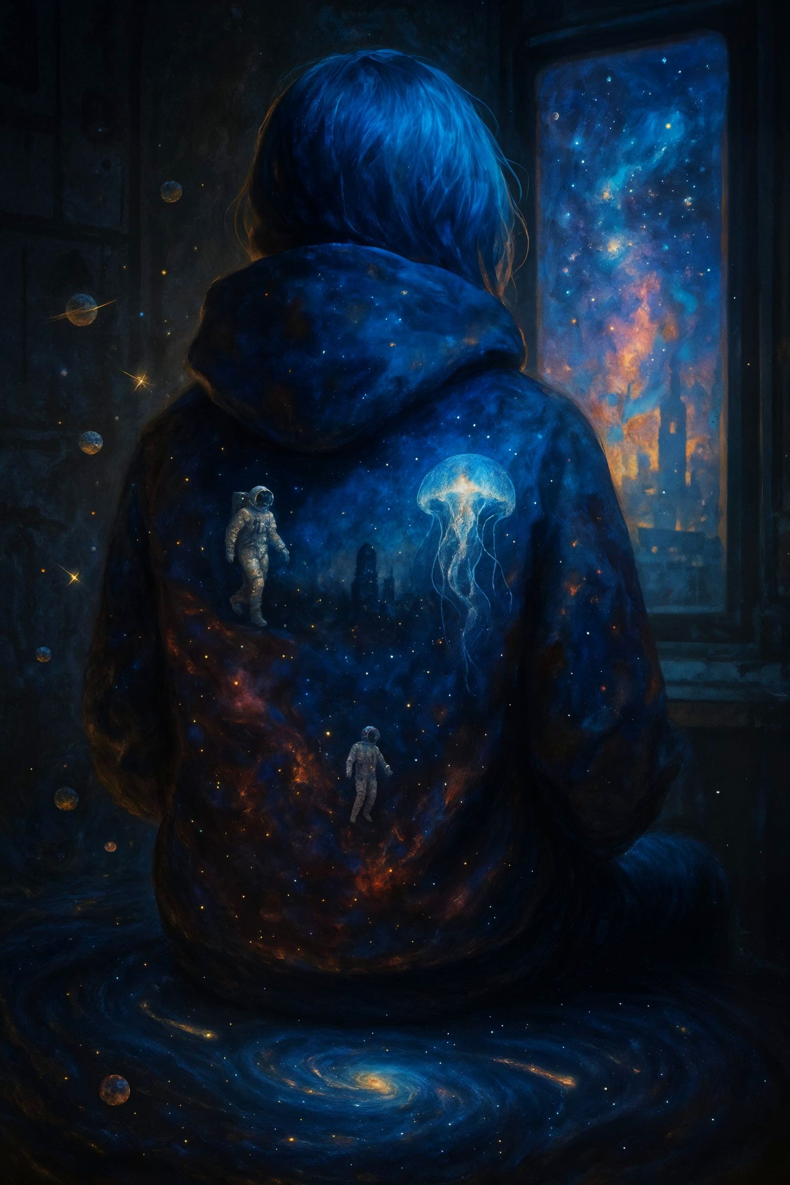 Surreal Dreamscape: Cosmic Nebula Hoodie Portrait