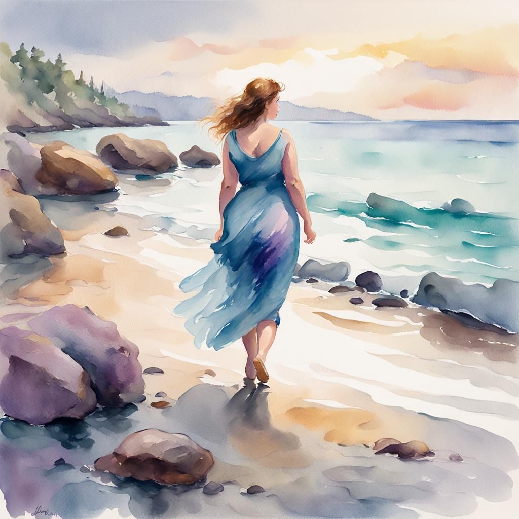 Impressionist Woman on Rocky Seashore in Watercolor