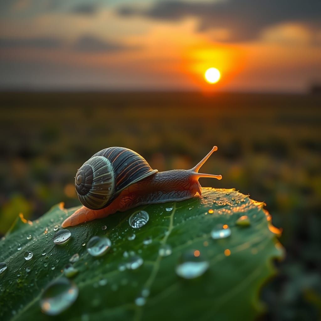 Hyperrealistic Snail on Leaf at Sunrise
