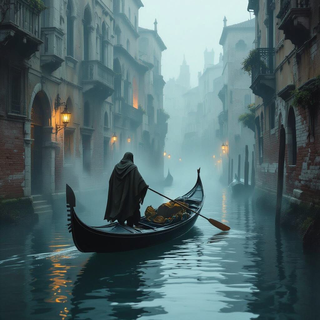 Gondolier in Misty Canal: Dark Fantasy Painting