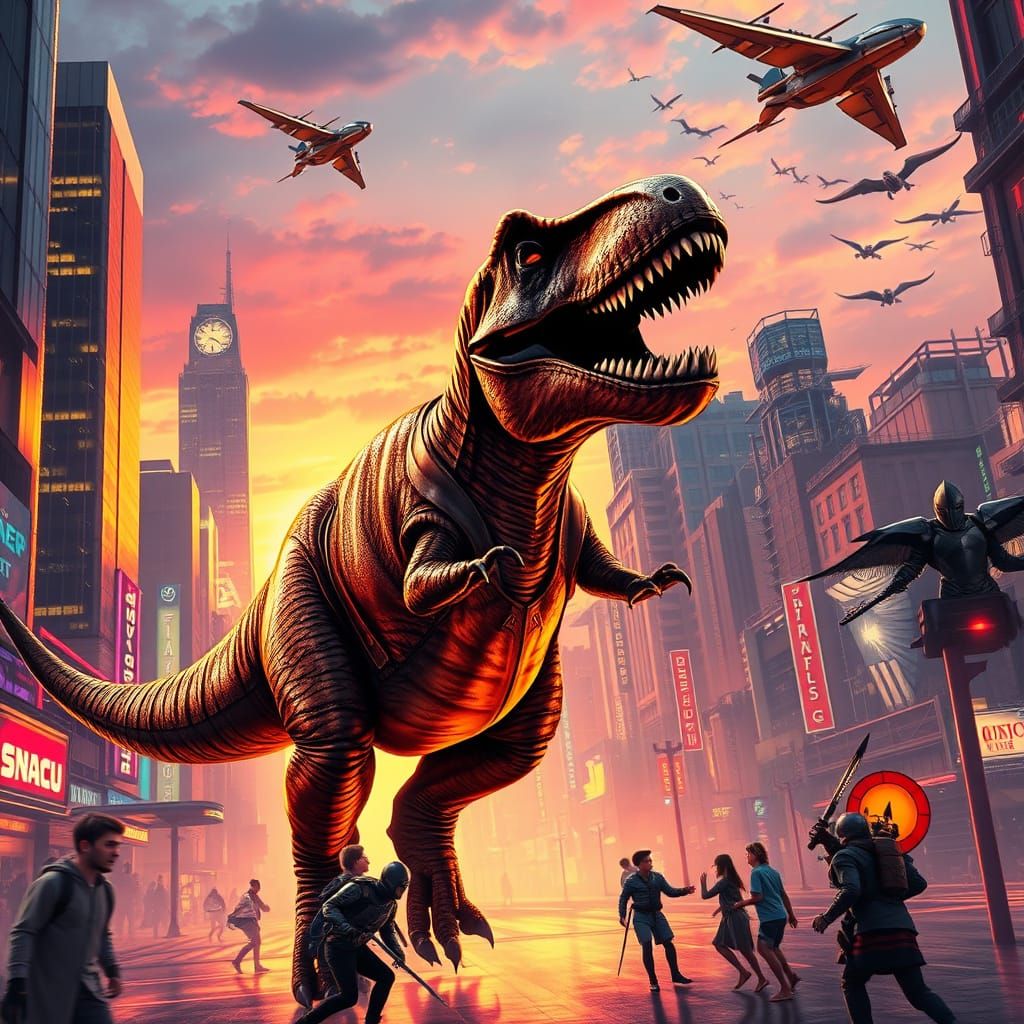 Cyberpunk Dinosaur Metropolis at Sunset