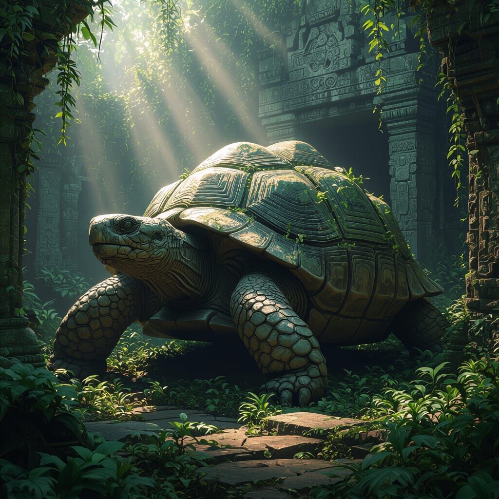 Colossal Stone Tortoise in Ancient Jungle Temple