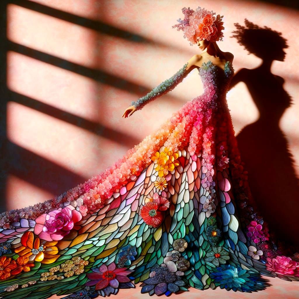 Elegant Woman in Gown of Flowers and Gems