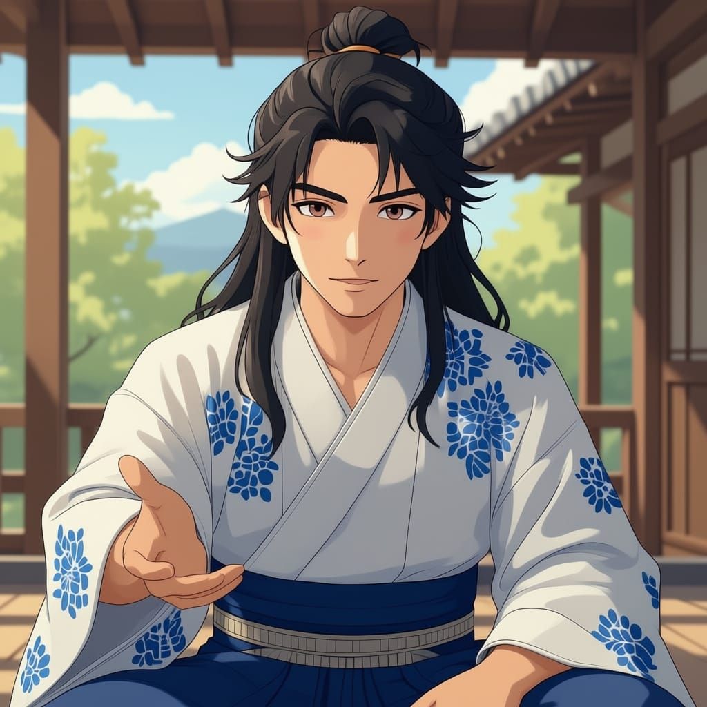 Handsome Japanese Man Playing Biwa in Kimono