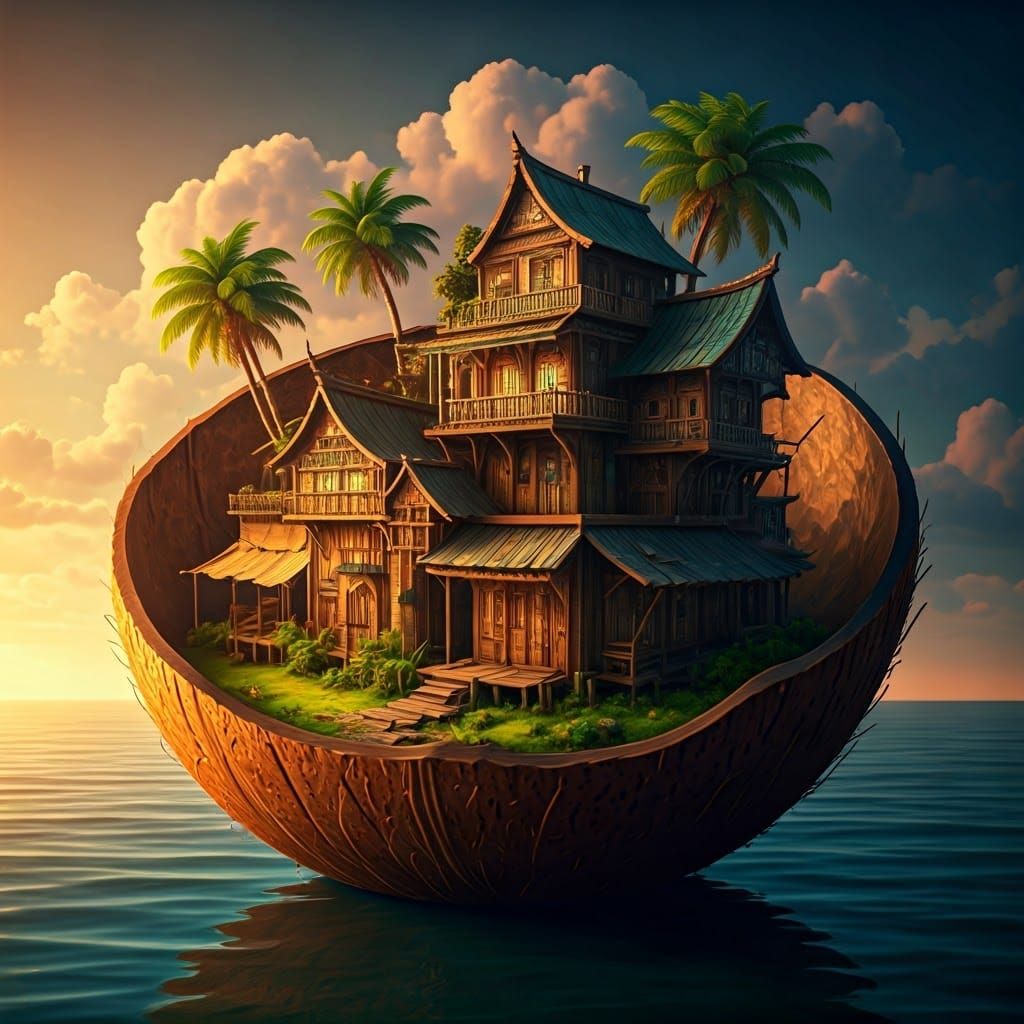 Miniature Port City in Coconut at Sunset