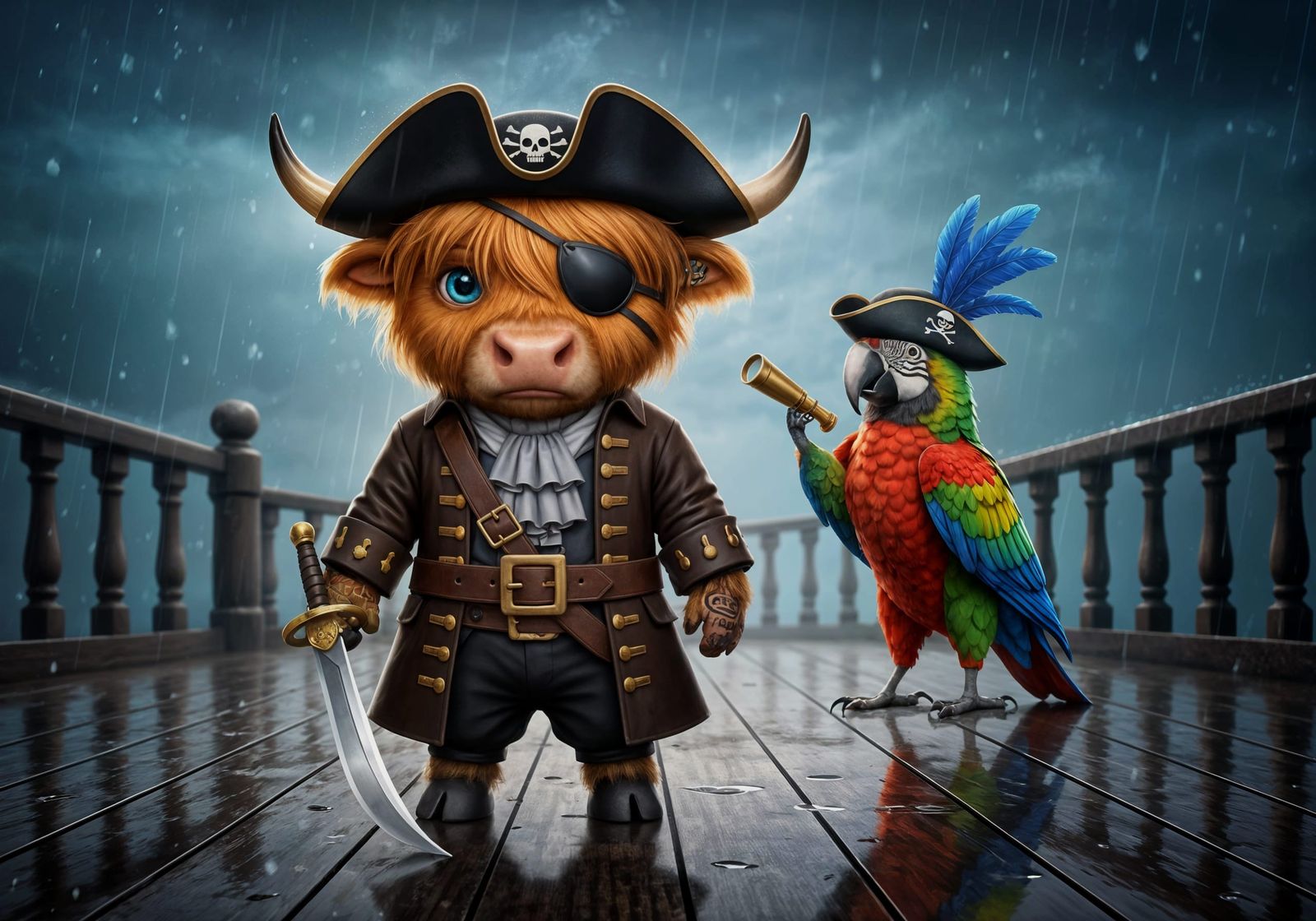 Anthropomorphic Pirate Cow and Parrot on Deck