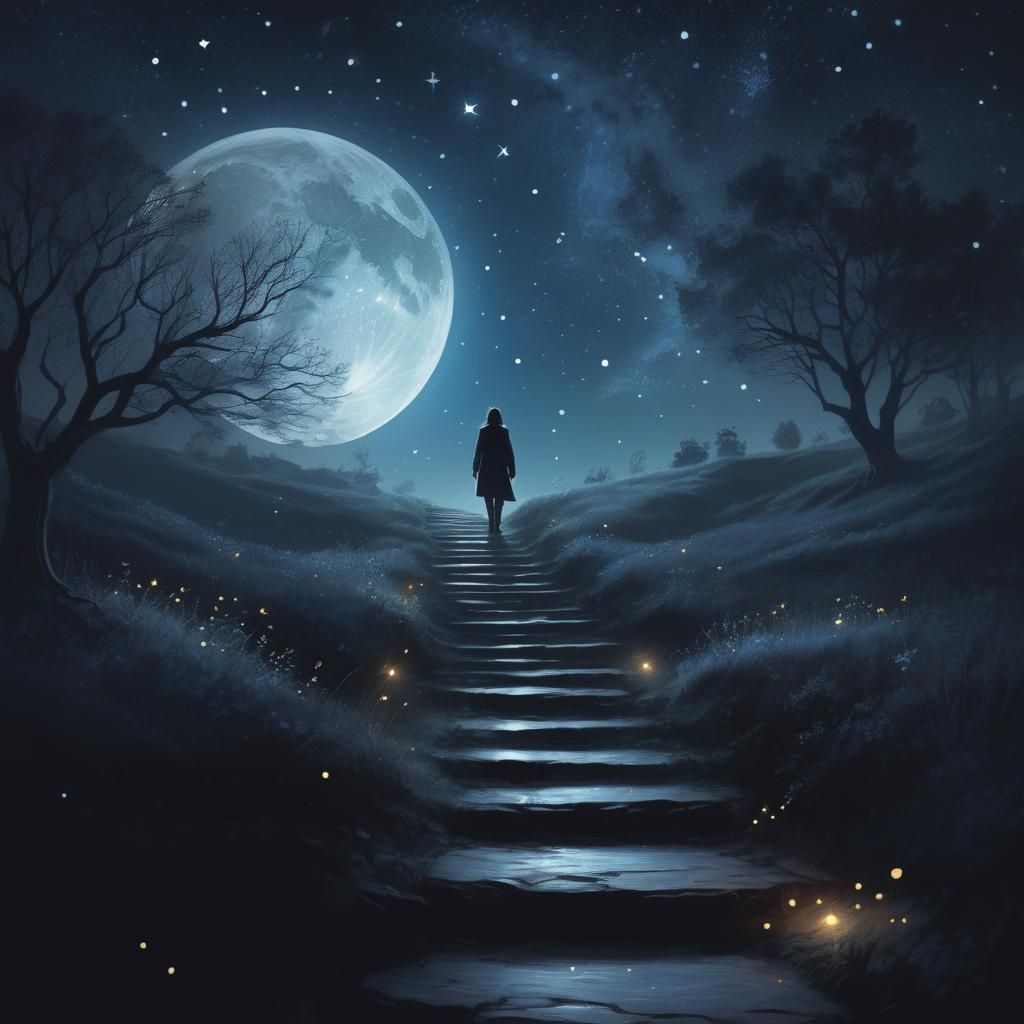 Lone Figure Ascends to Starry Night Sky