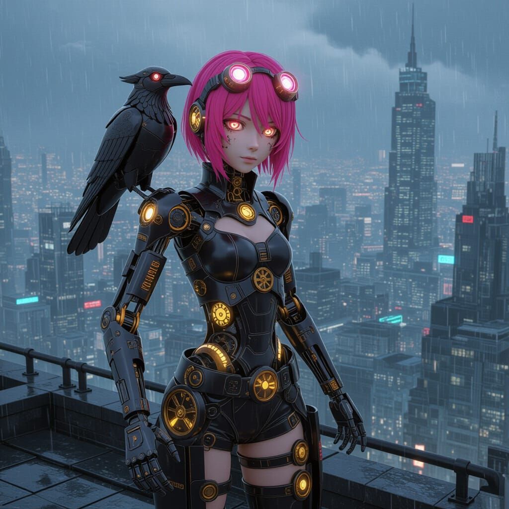 Steampunk Cyborg Girl with Robotic Raven Overlooking Metropo...