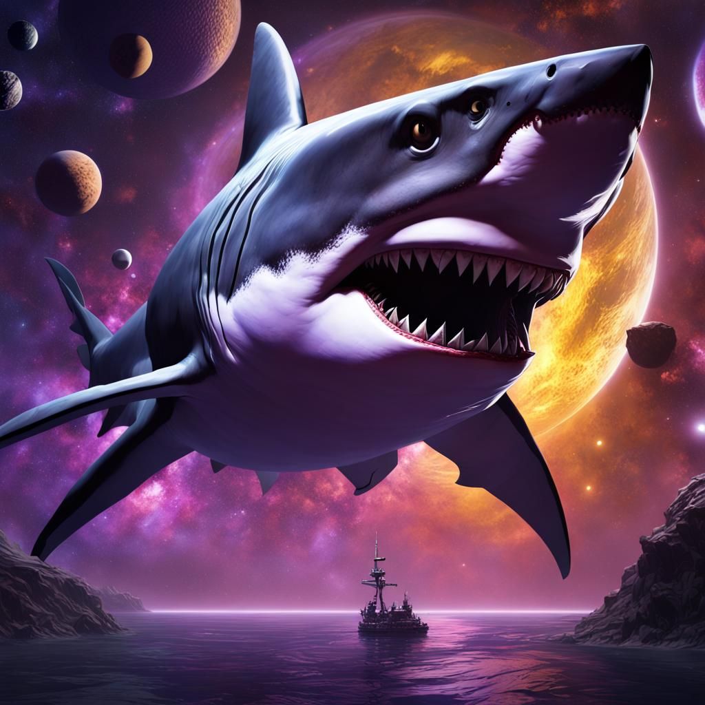 Giant Shark Bites Earth: Dark Fantasy Artwork