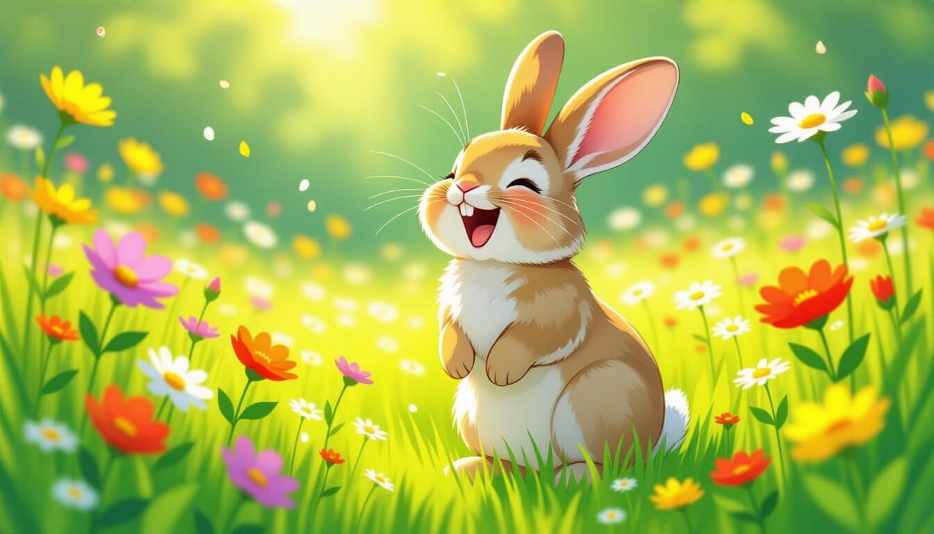 Laughing Bunny in Lush Meadow, Whimsical Illustration