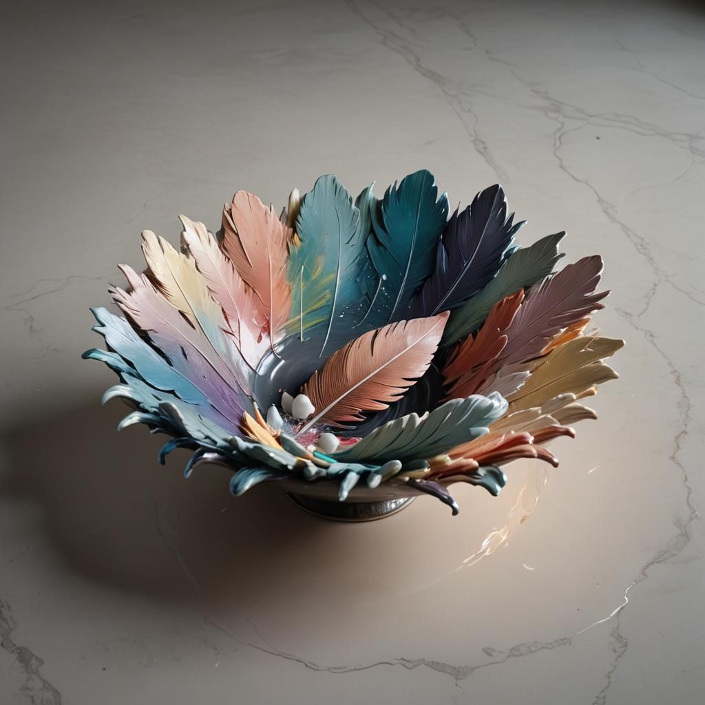 Hyperrealistic Ceramic Feather Bowl Splash Art
