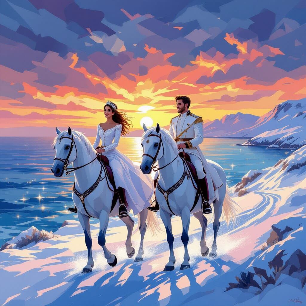 Cubist Princess and Prince Ride White Horses
