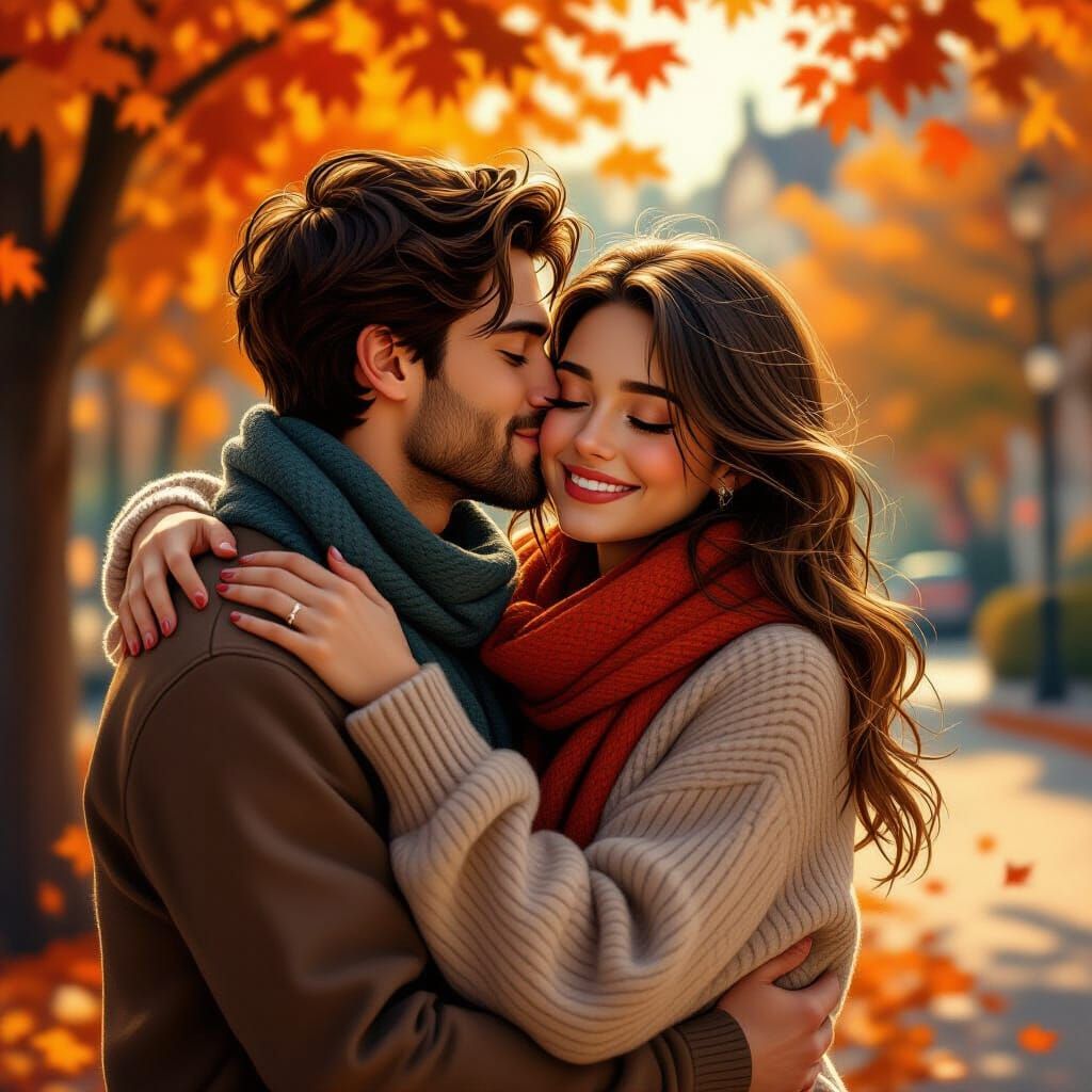 Couple's Tender Embrace on a Vibrant Fall Day