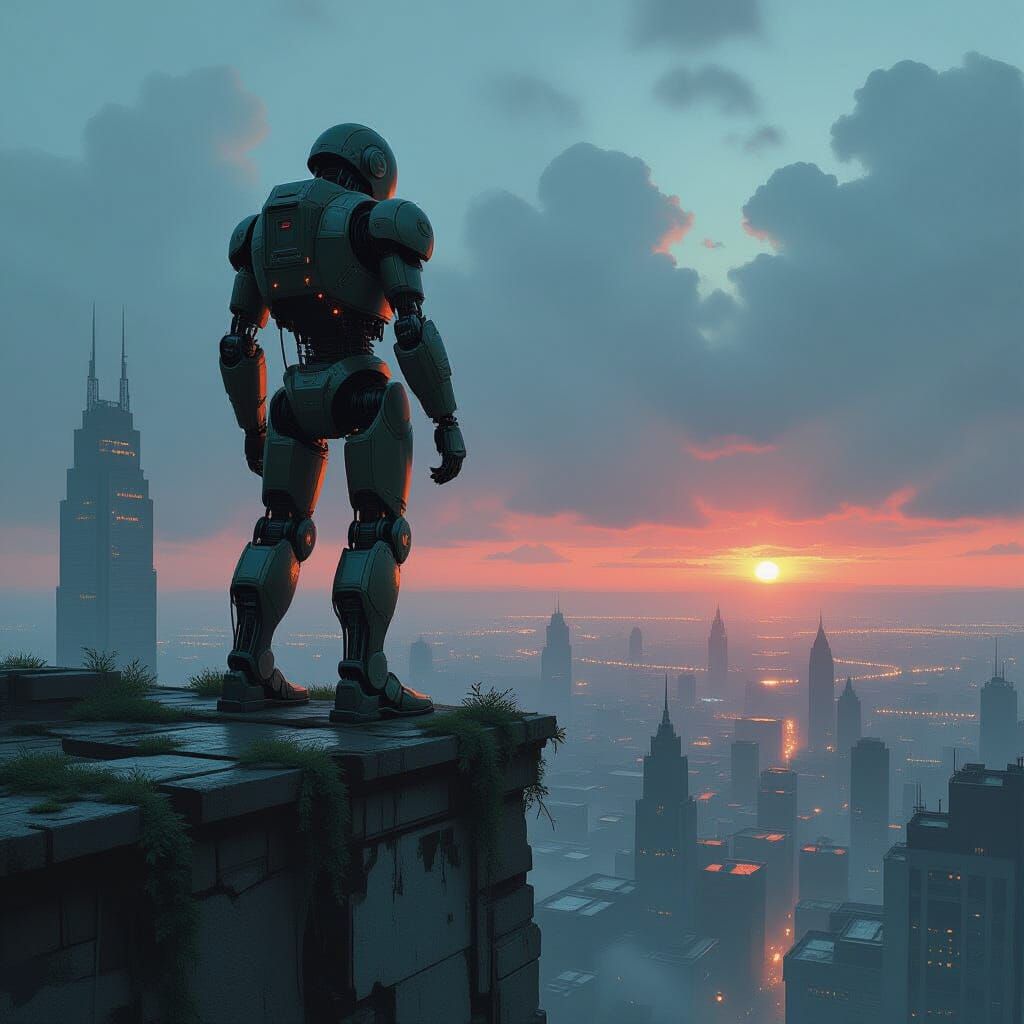 Weathered Automaton on Ruined Skyscraper at Twilight
