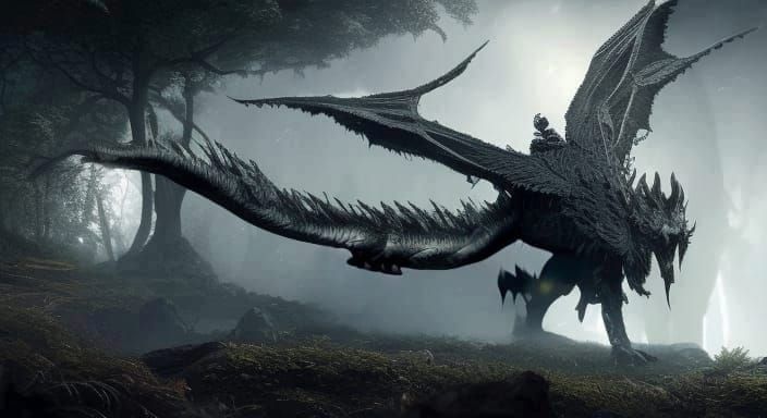 Majestic Black Dragon in Fog, Cinematic 3D Render