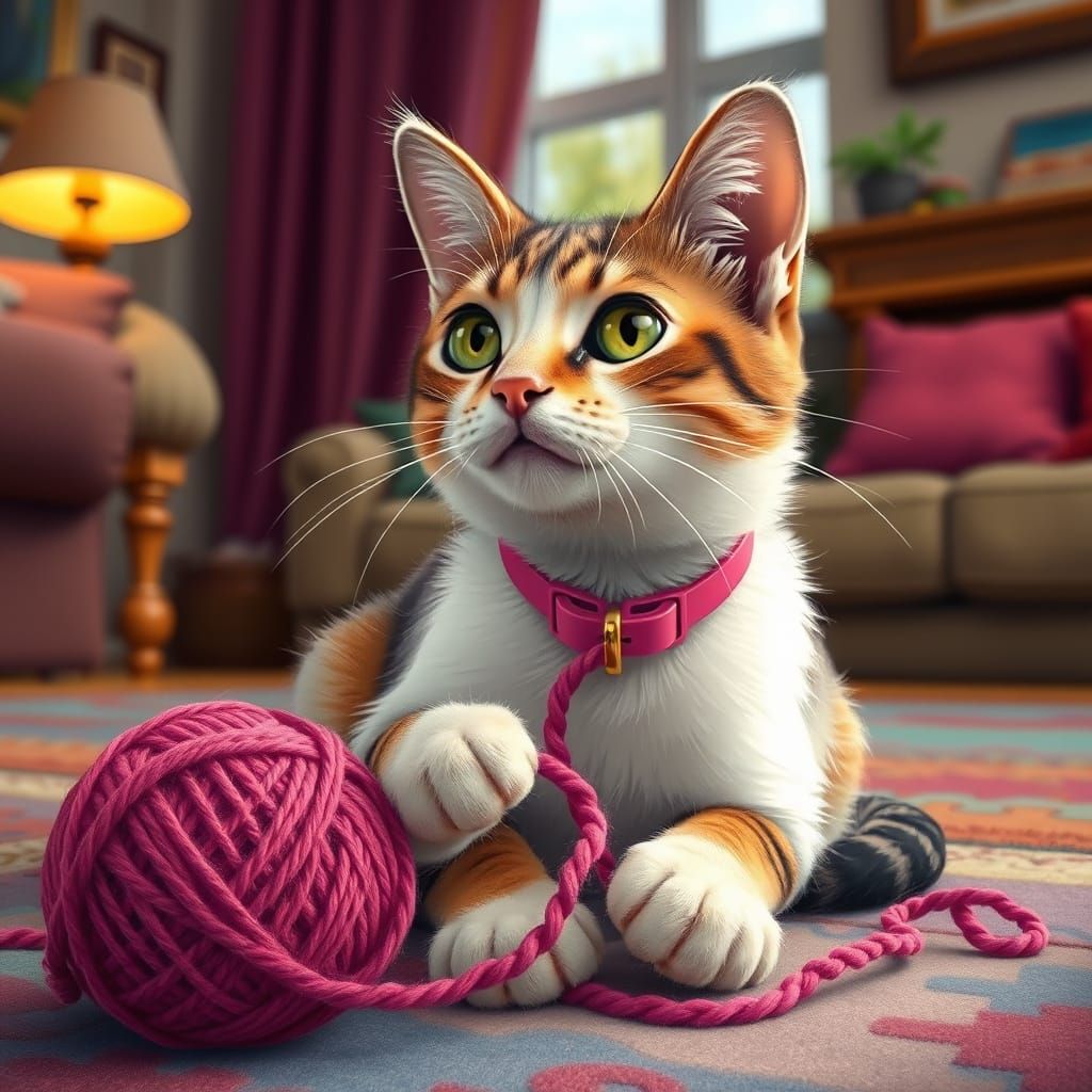 Whimsical Cat with Yarn in Cartoon Style