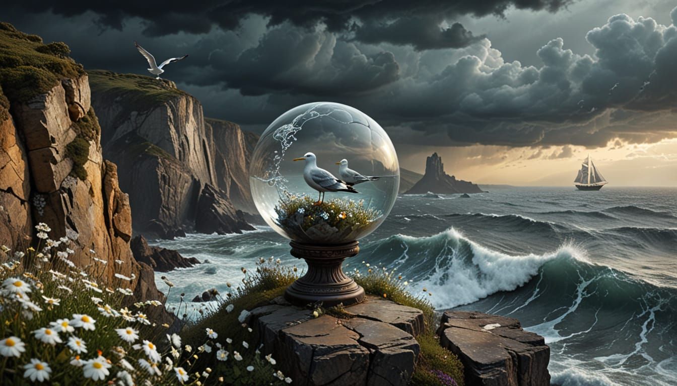 Crystal Globe on Cliff Edge with Sailboat in Storm