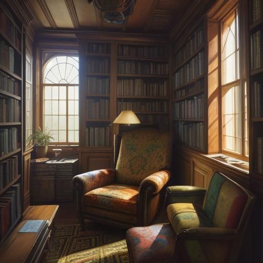 Warm Library Haven in Impasto Gouache Style