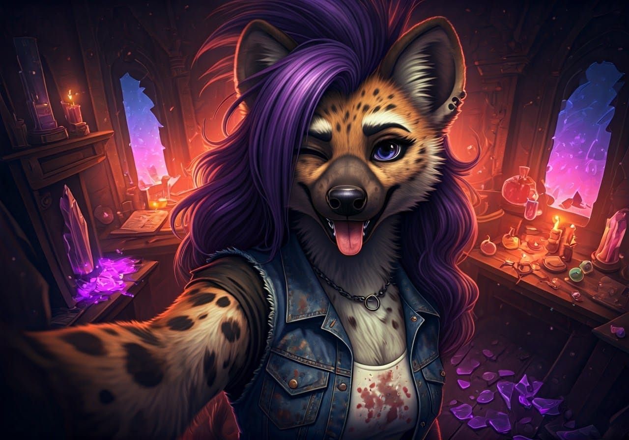 Anthropomorphic She-Hyena in Magical Wizard's Lair