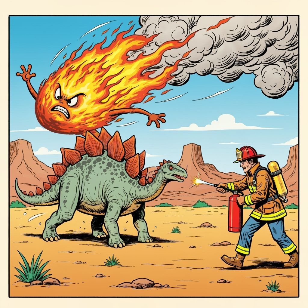 Stegosaurus and Meteor Saved by Firefighter in Comic Style