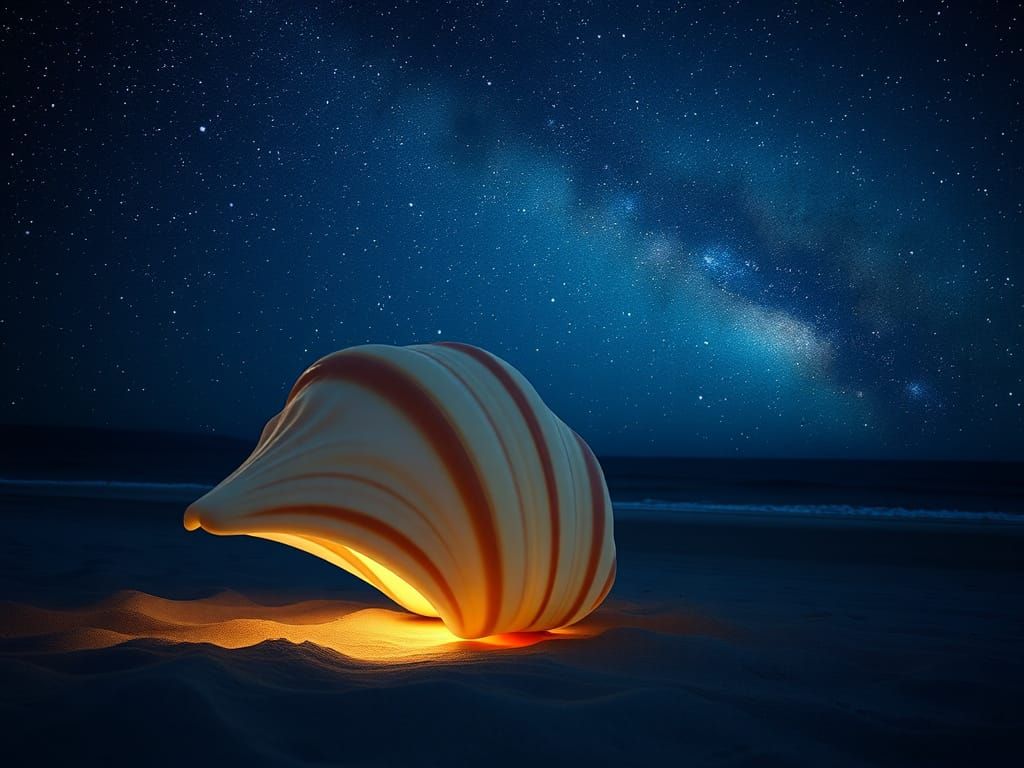 Giant Tulip Seashell Illuminates Cosmic Beach at Night
