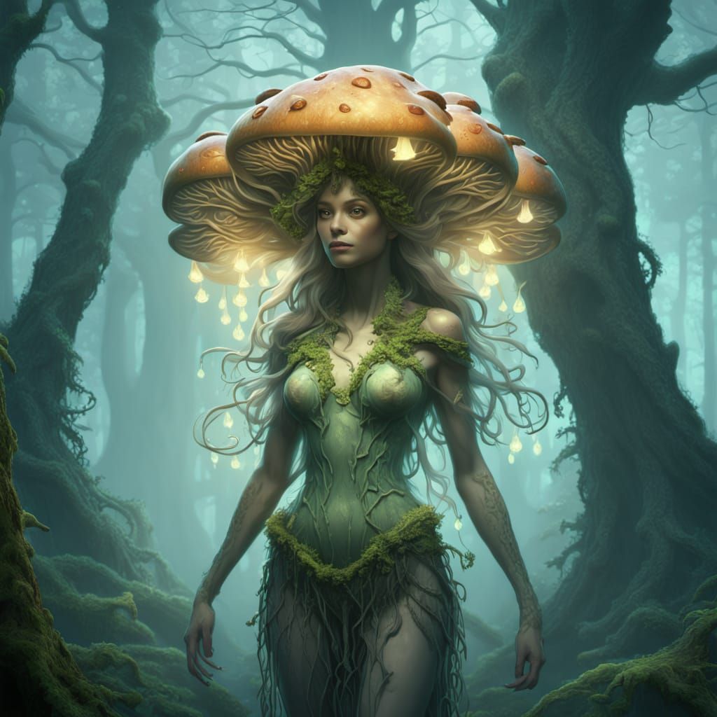 Fungal Dryad in Misty Forest - Art Nouveau Fantasy Art