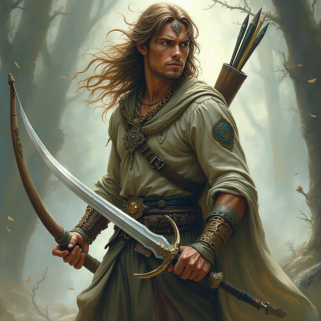 Elven Fighter Wizard with Sword and Magic Aura