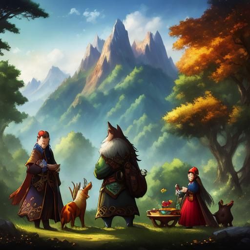 Charming Forest Landscape with Picnic Family