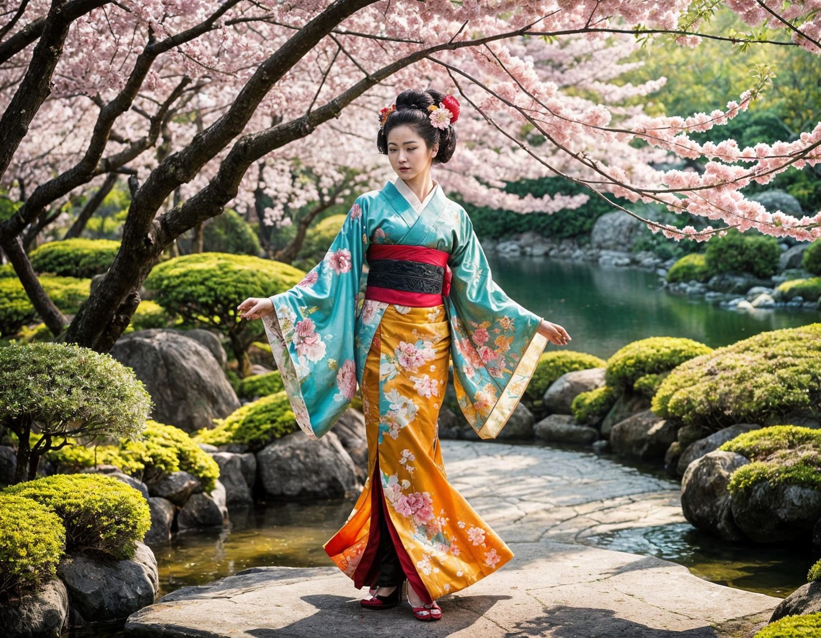 Graceful Geisha in Japanese Garden: Vivid Painting