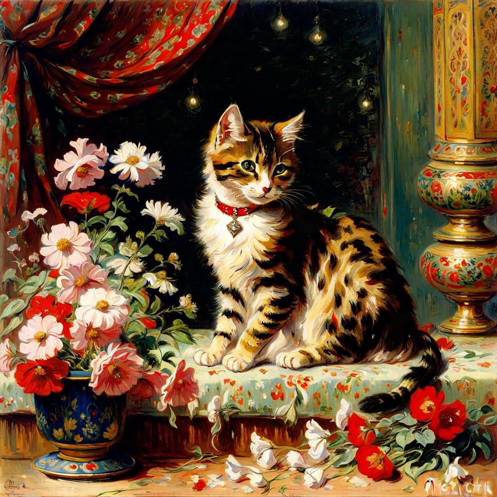 Cute Cat with Flowers in Orientalist Style