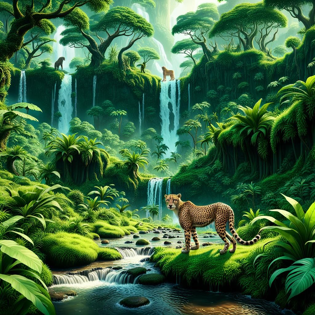 Humanoid Cheetahs in Lush Jungle, Matte Painting Style