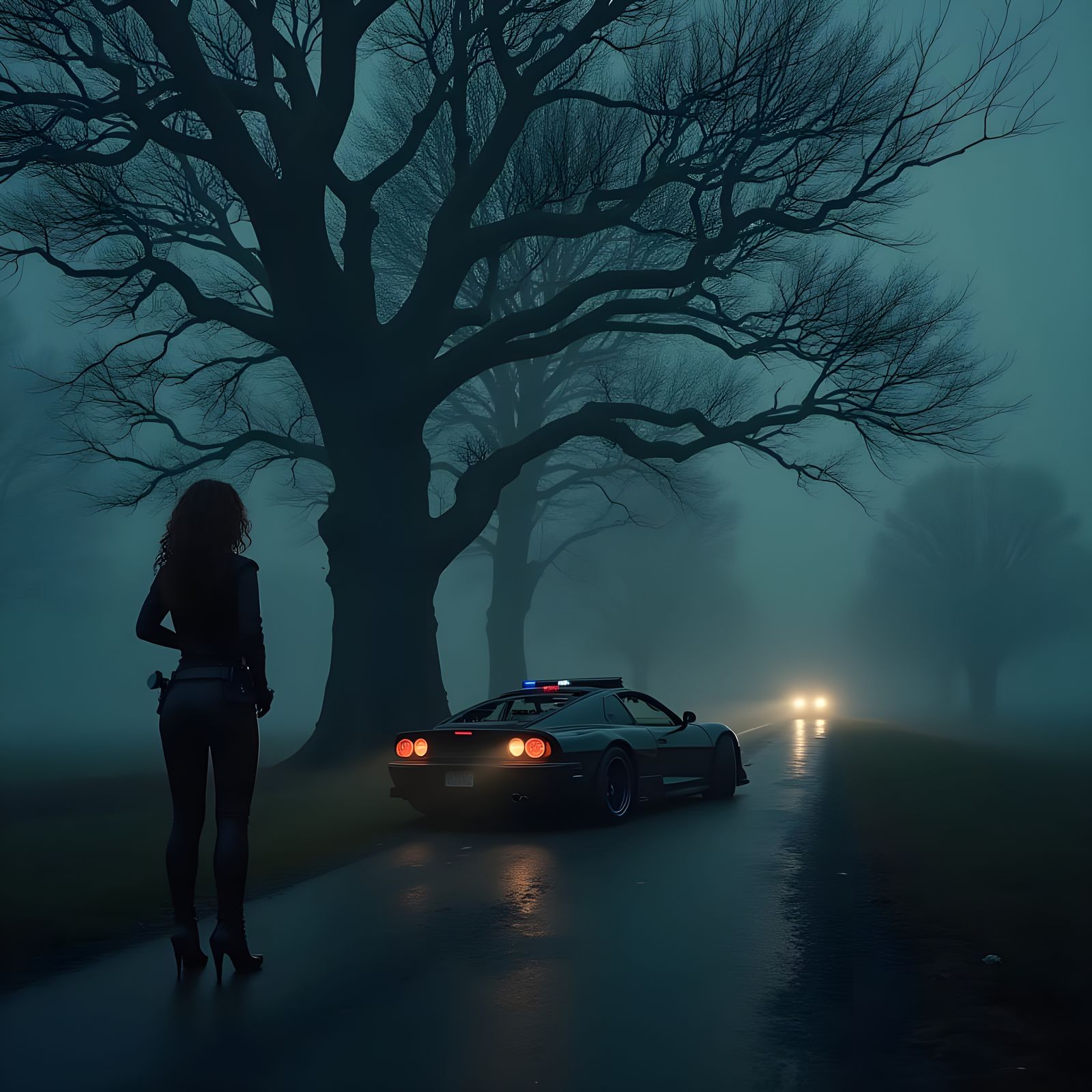 Police Officer Flagging Down Motorist on Dark County Road