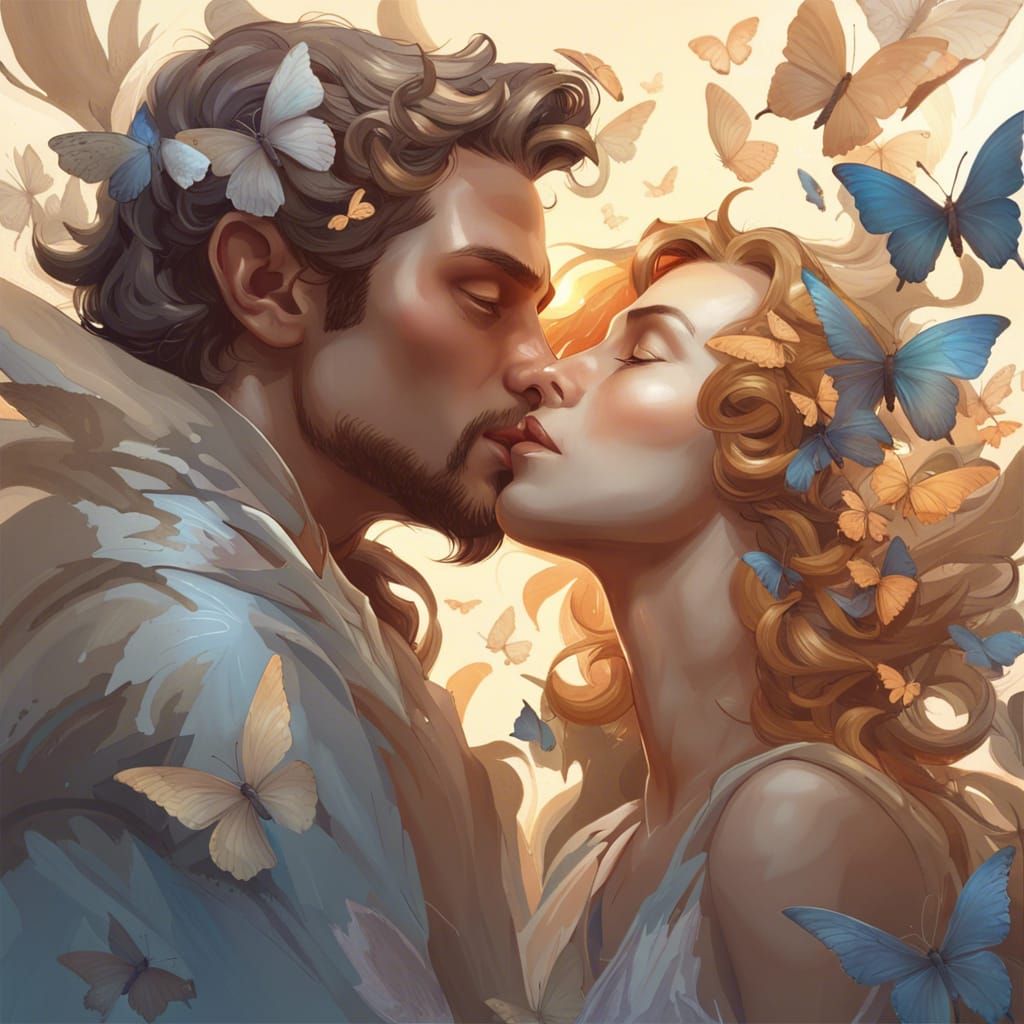 Woman Kissing Angel in Butterfly Flight: Art Nouveau Portrai...