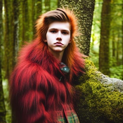 Red-Haired Youth Hiding from Wolves: Oil Painting