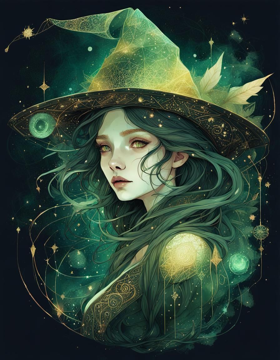 Magical Constellation Witch in Library: Digital Art