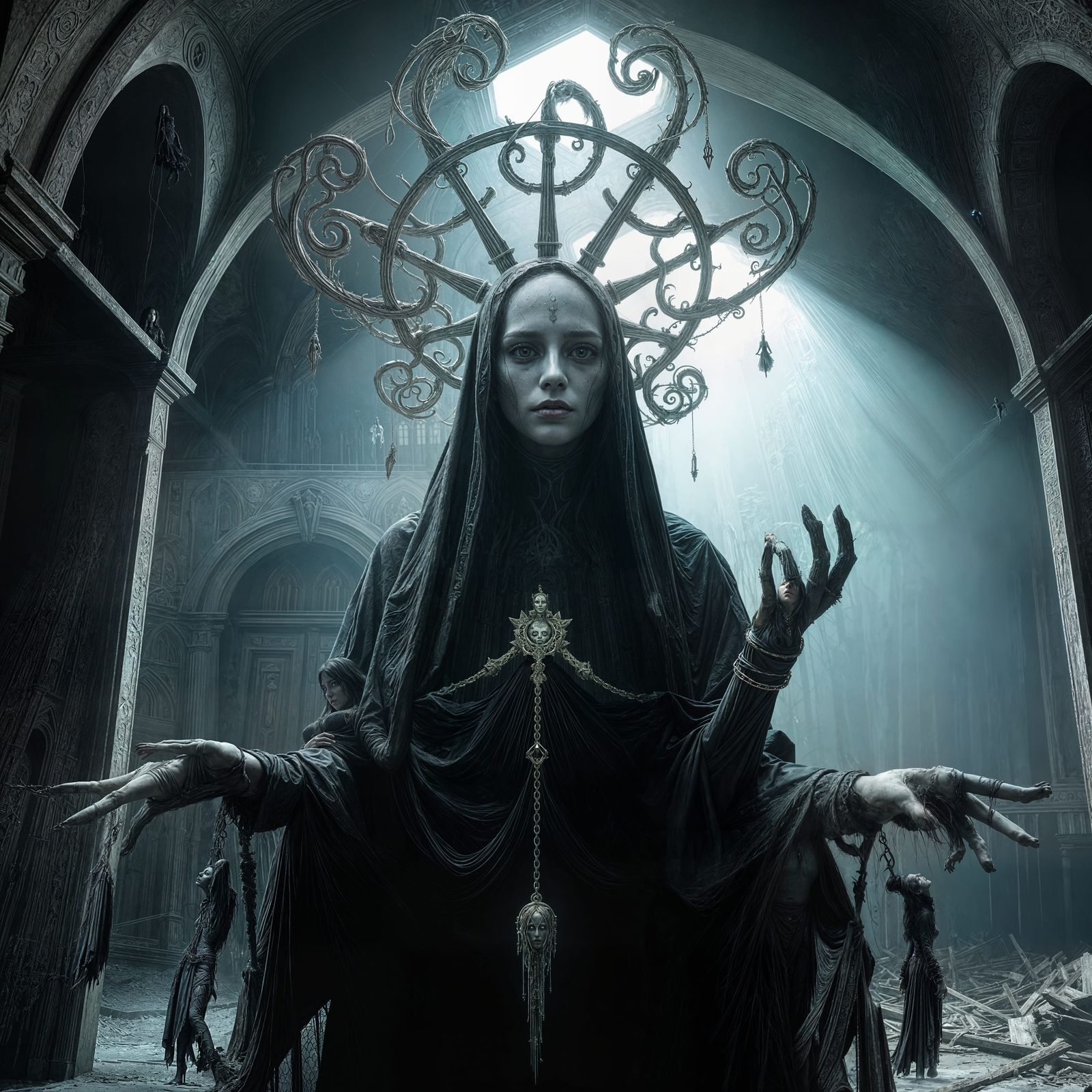 Spectral Sorceress in a Haunting Gothic Cathedral