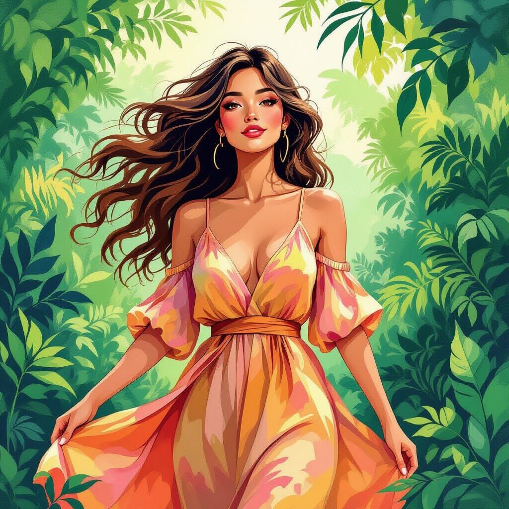 Wild Spirit: Gouache Painting of Woman in Nature